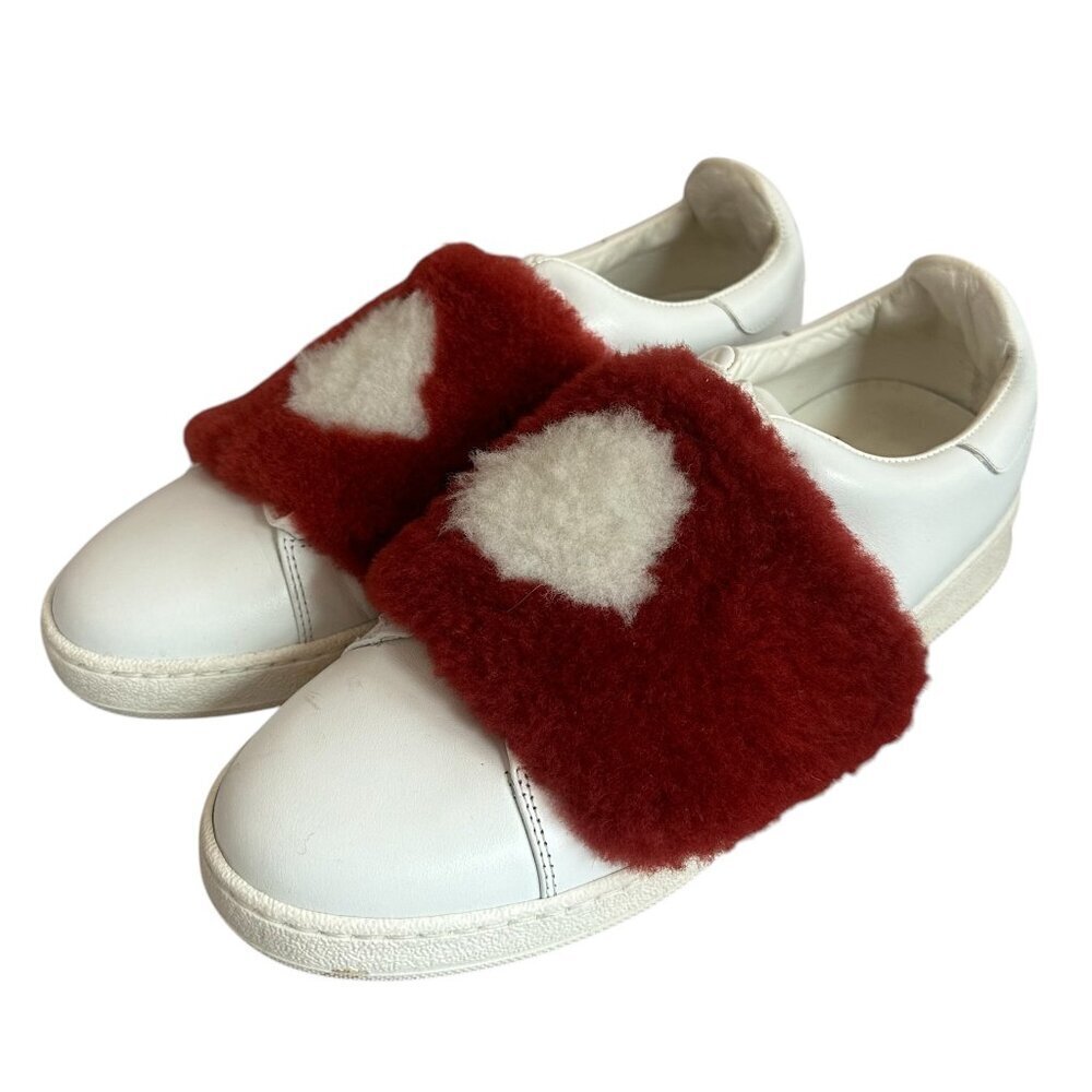 Moncler White Leather Sneakers Tennis Shoes Red Fur Logo w/ Box Size 37 EU Women